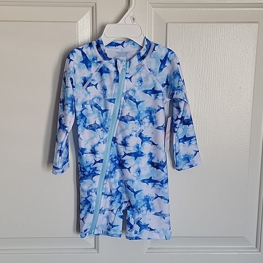 Jumping Beans boys surf suit, 12M, blue with sharks. NWT.